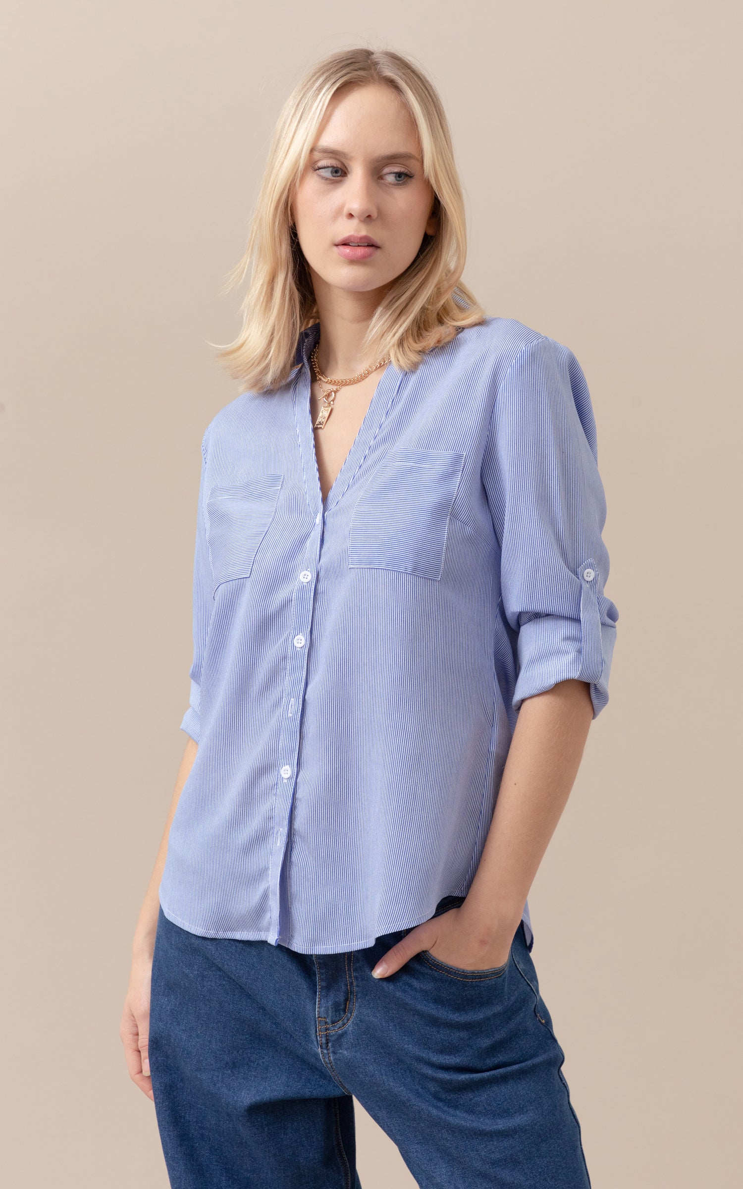 Striped Roll Sleeve Shirt | Pagani