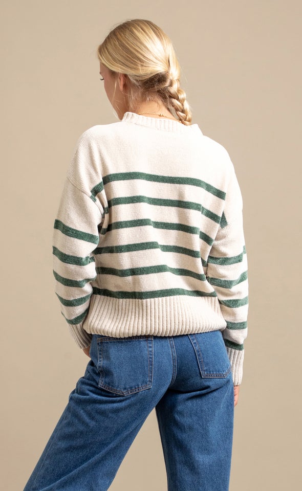 Striped Round Neck Sweater Natural/olive