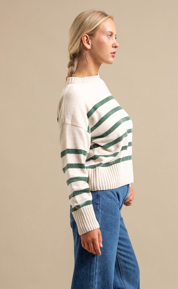 Striped Round Neck Sweater Natural/olive