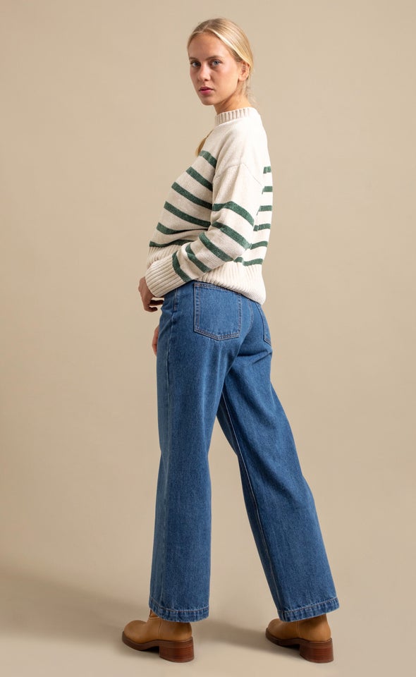 Striped Round Neck Sweater Natural/olive
