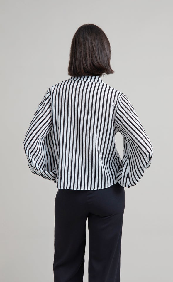 Striped Shirred Cuff Shirt White/black