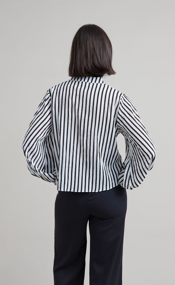 Striped Shirred Cuff Shirt White/black