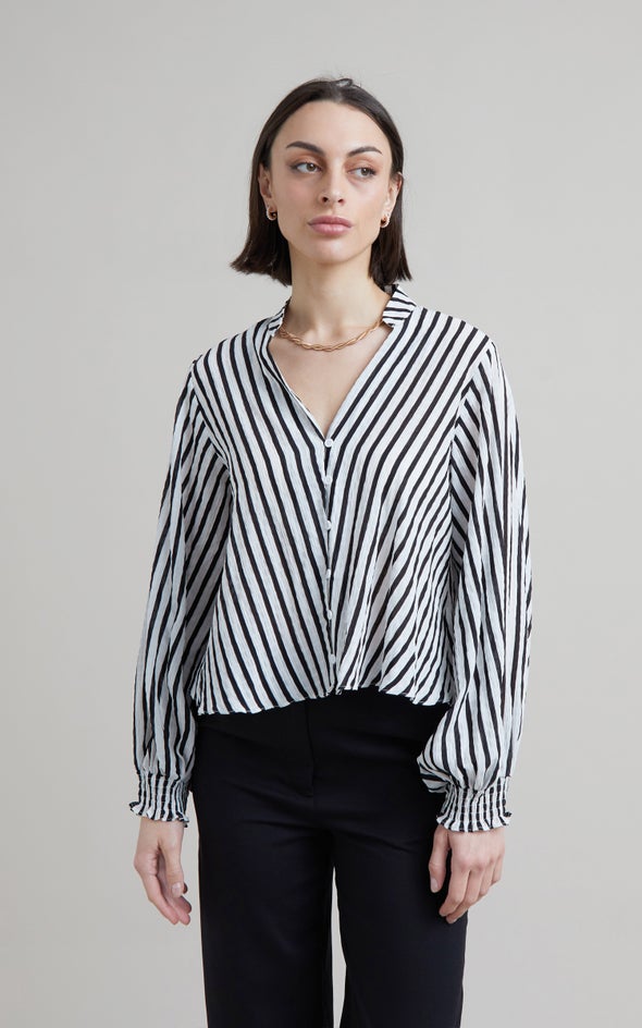 Striped Shirred Cuff Shirt White/black