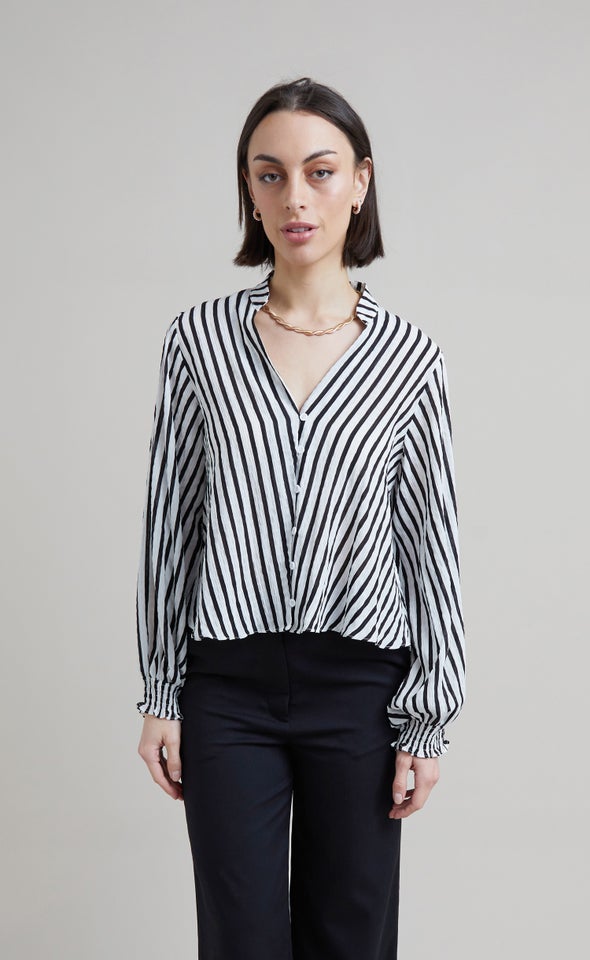 Striped Shirred Cuff Shirt White/black