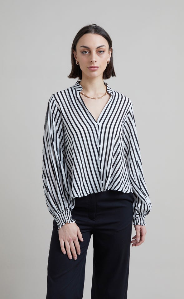 Striped Shirred Cuff Shirt White/black