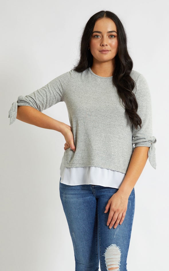 SW Knit Tie Sleeve Layered Top Grey Marle