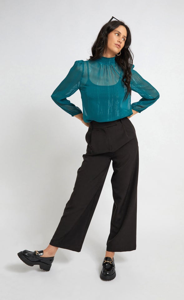 Tab Closure Wide Leg Pants Black