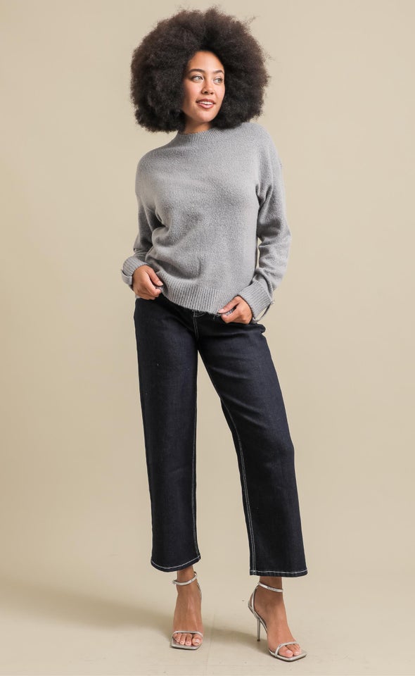 Tab Sleeve High Neck Sweater Grey Marle