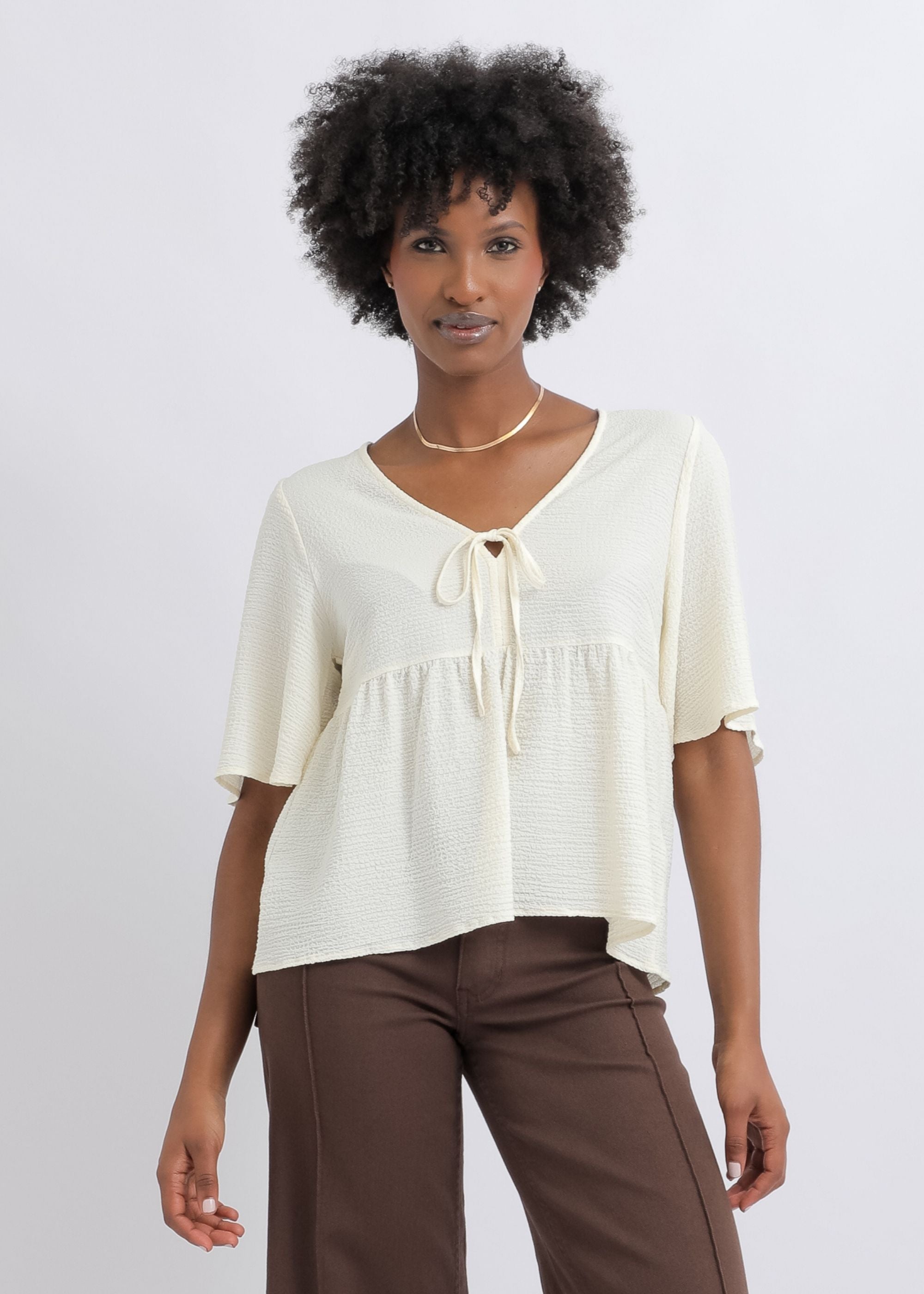 Shop our Tex CDC V Neck Tie Front Top in Navy | Pagani