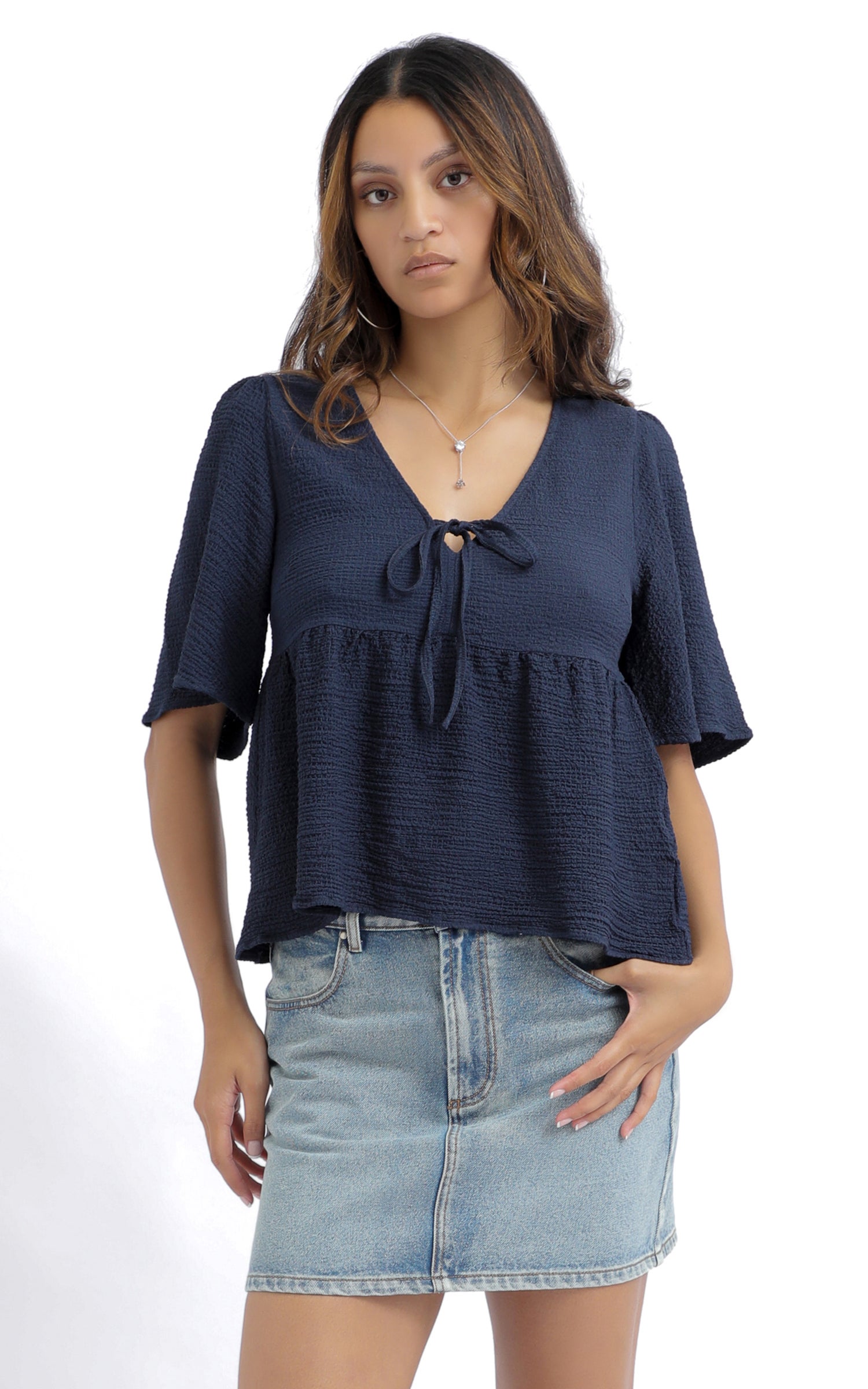 Shop our Tex CDC V Neck Tie Front Top in Navy | Pagani