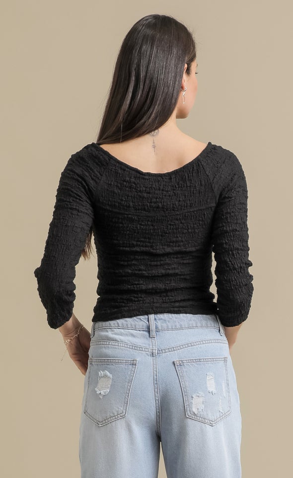 Tex Knit Ruched Front LS Top Black
