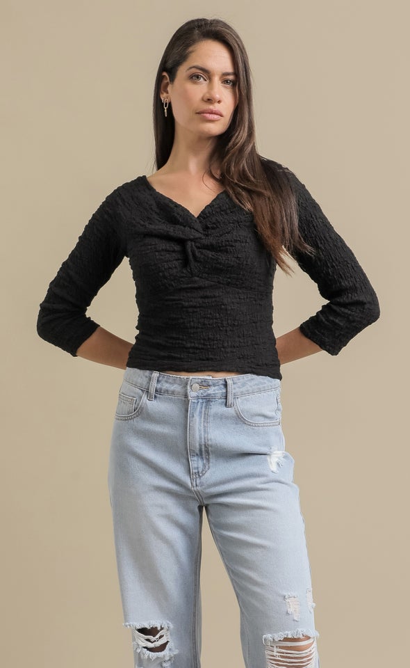 Tex Knit Ruched Front LS Top Black