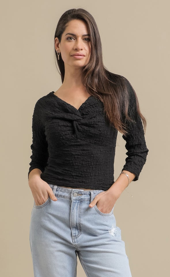Tex Knit Ruched Front LS Top Black