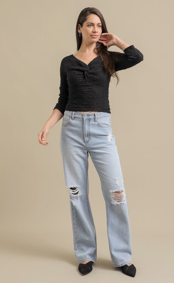 Tex Knit Ruched Front LS Top Black