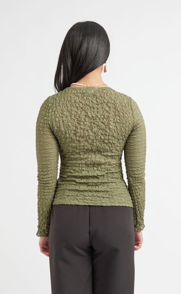 Textured CDC Fitted LS Top Khaki