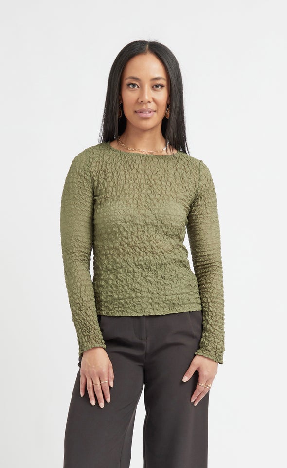 Textured CDC Fitted LS Top Khaki