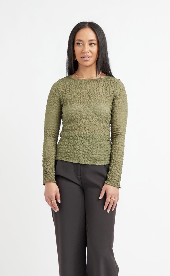 Textured CDC Fitted LS Top Khaki