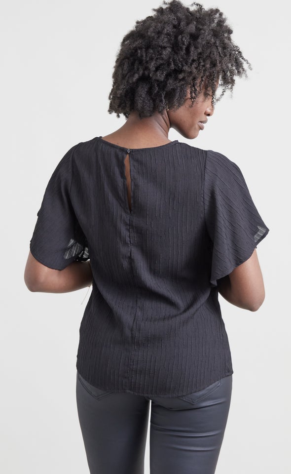 Textured CDC Flutter Sleeve Top Black