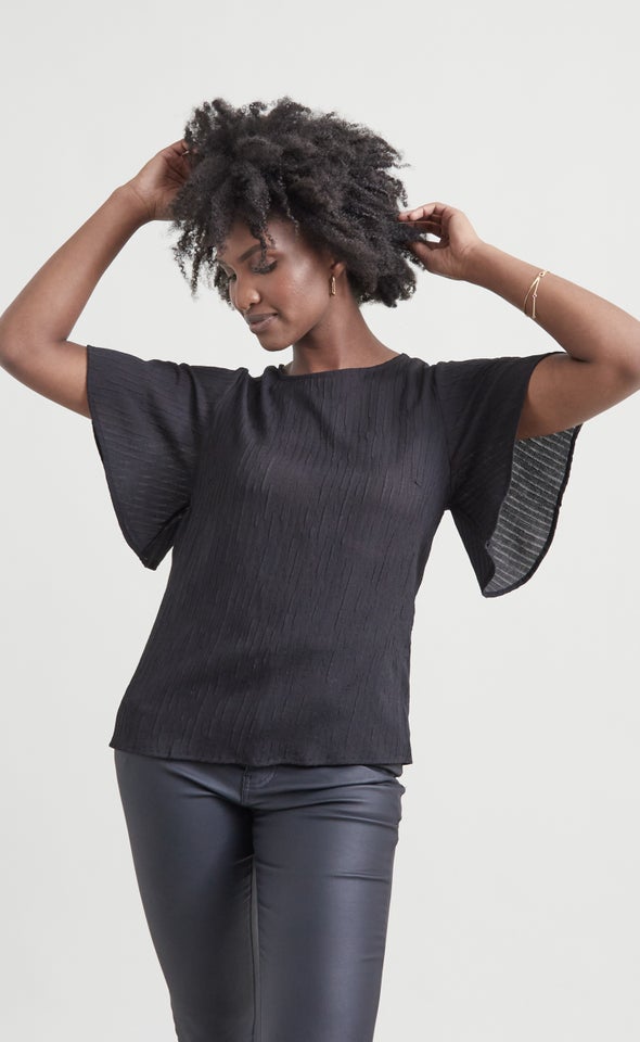 Textured CDC Flutter Sleeve Top Black
