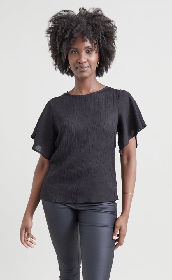 Textured CDC Flutter Sleeve Top Black