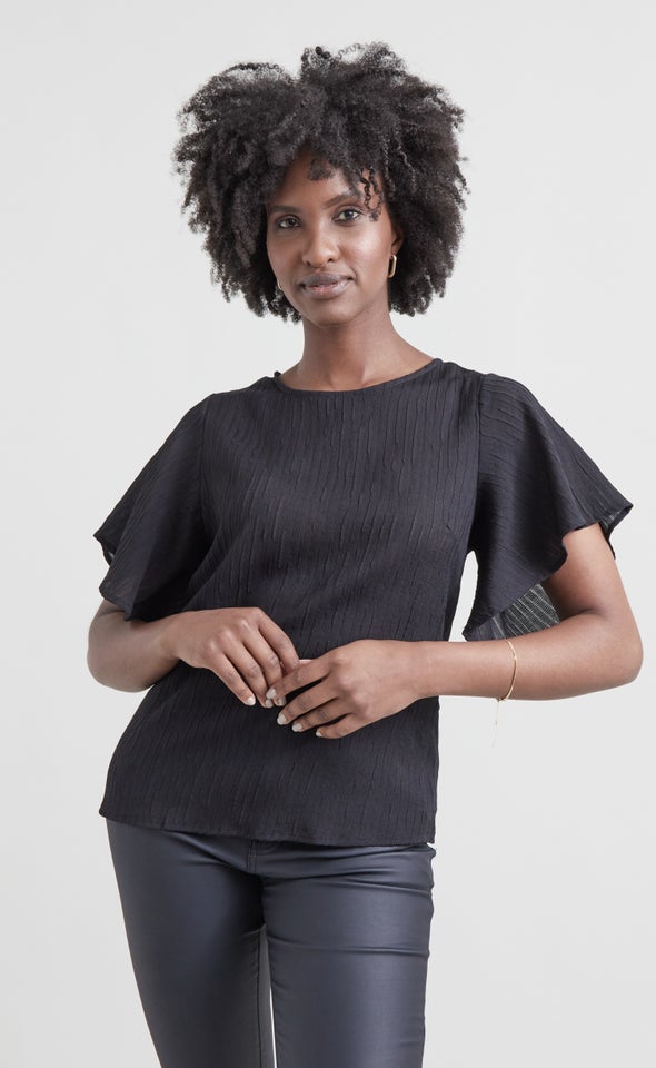 Textured CDC Flutter Sleeve Top Black