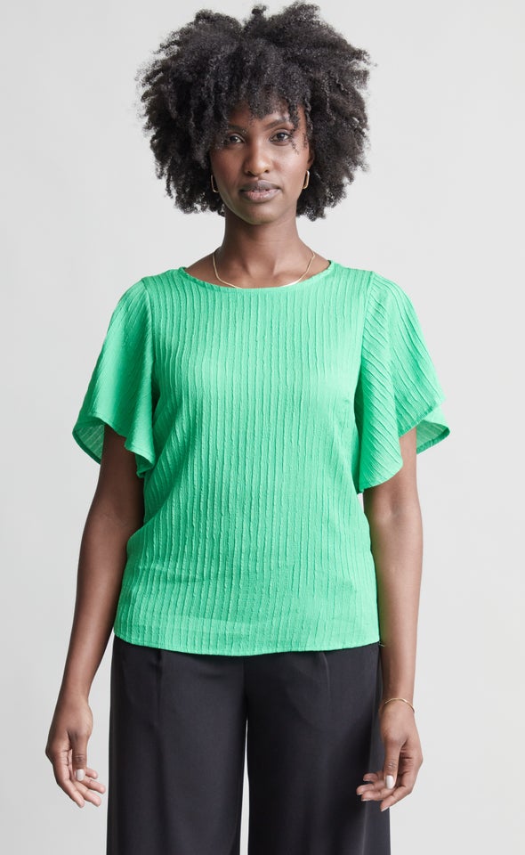 Textured CDC Flutter Sleeve Top Bright Green