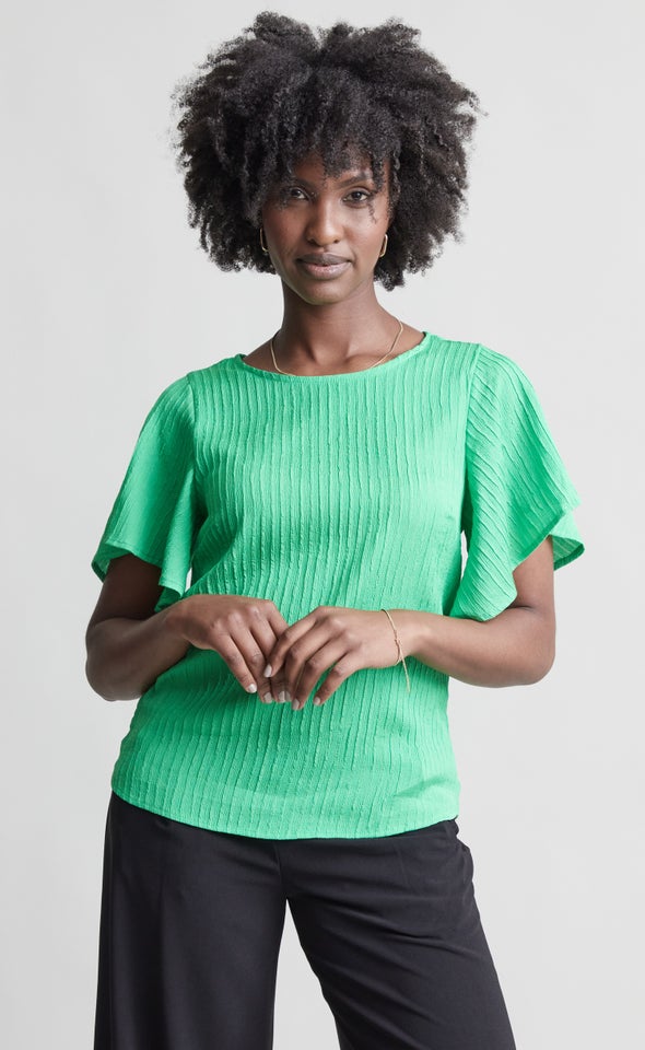 Textured CDC Flutter Sleeve Top Bright Green