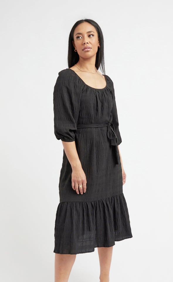 Textured CDC Gathered Midi Dress Black