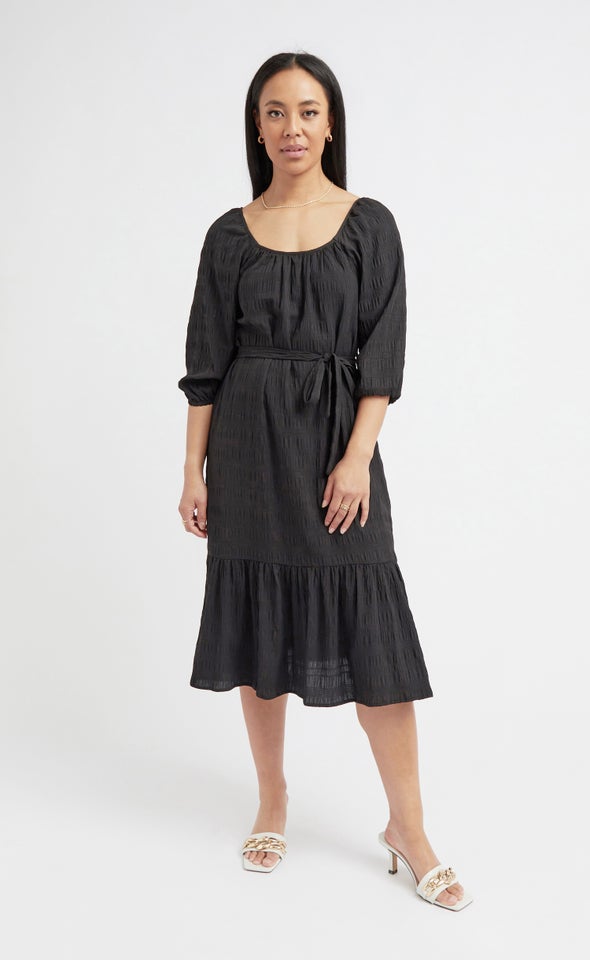 Textured CDC Gathered Midi Dress Black