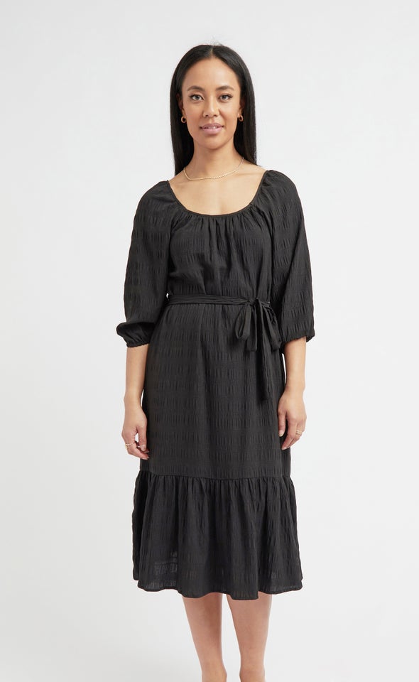Textured CDC Gathered Midi Dress Black