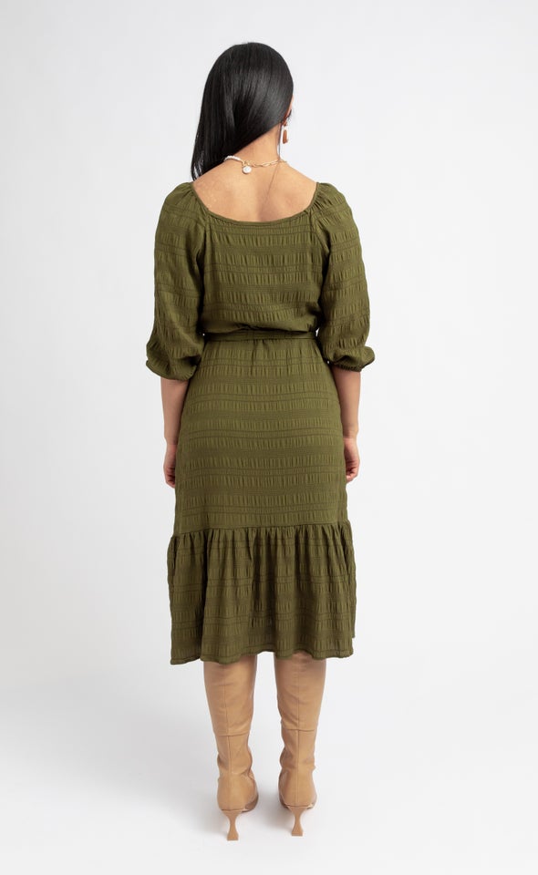 Textured CDC Gathered Midi Dress Khaki