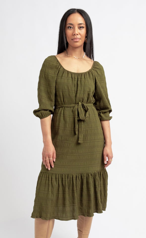 Textured CDC Gathered Midi Dress Khaki