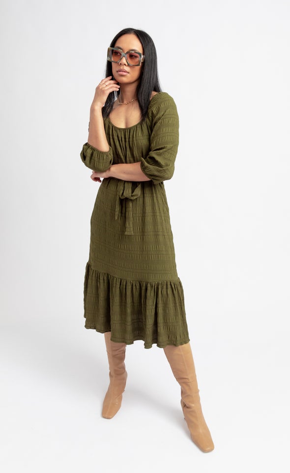 Textured CDC Gathered Midi Dress Khaki