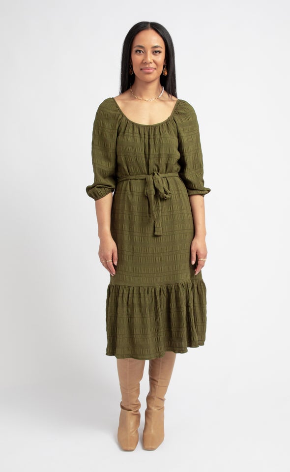 Textured CDC Gathered Midi Dress Khaki