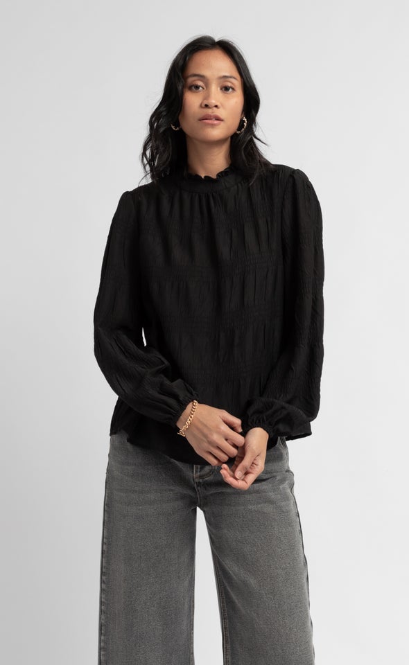 Textured CDC High Neck LS Blouse Black