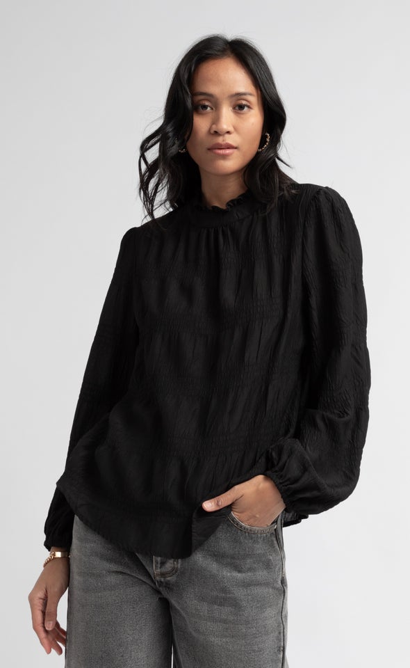 Textured CDC High Neck LS Blouse Black