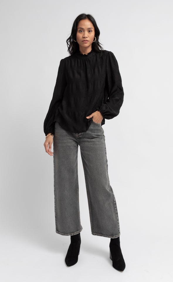 Textured CDC High Neck LS Blouse Black
