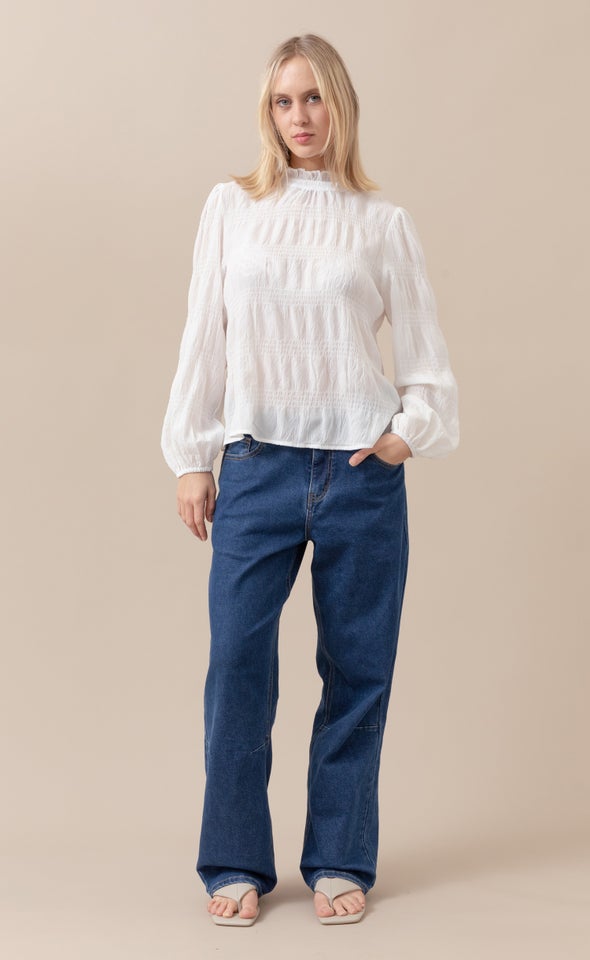 Textured CDC High Neck LS Blouse Cream