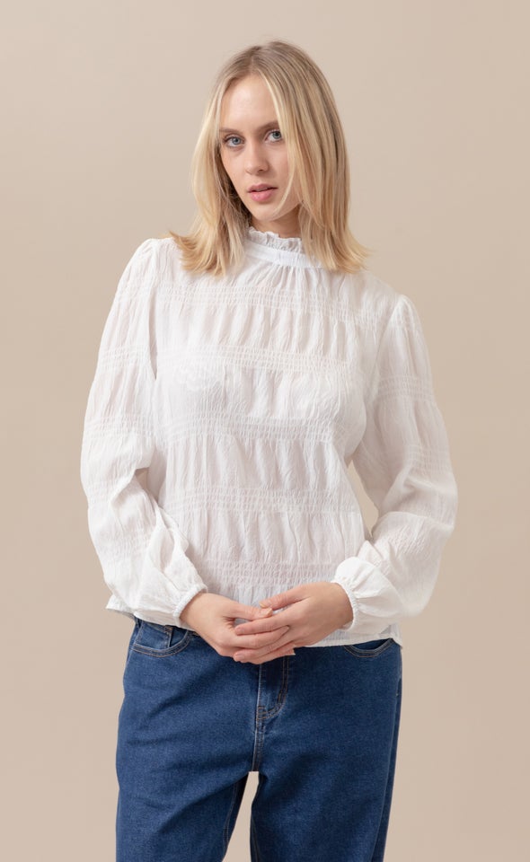 Textured CDC High Neck LS Blouse Cream