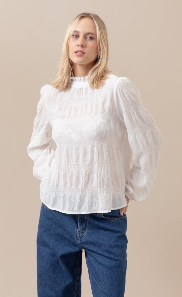 Textured CDC High Neck LS Blouse Cream