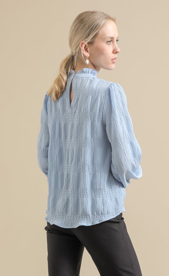 Textured CDC High Neck LS Blouse Light Blue