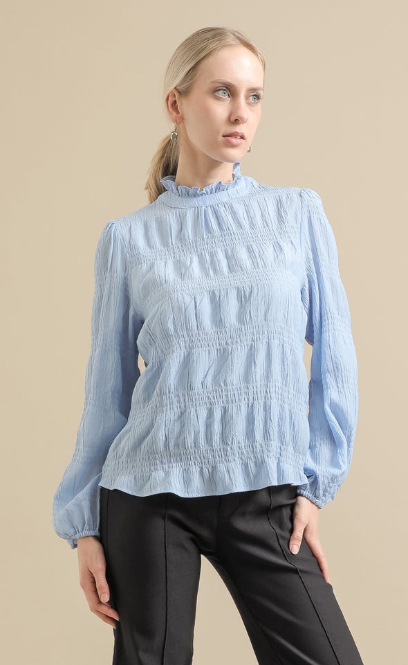 Textured CDC High Neck LS Blouse Light Blue