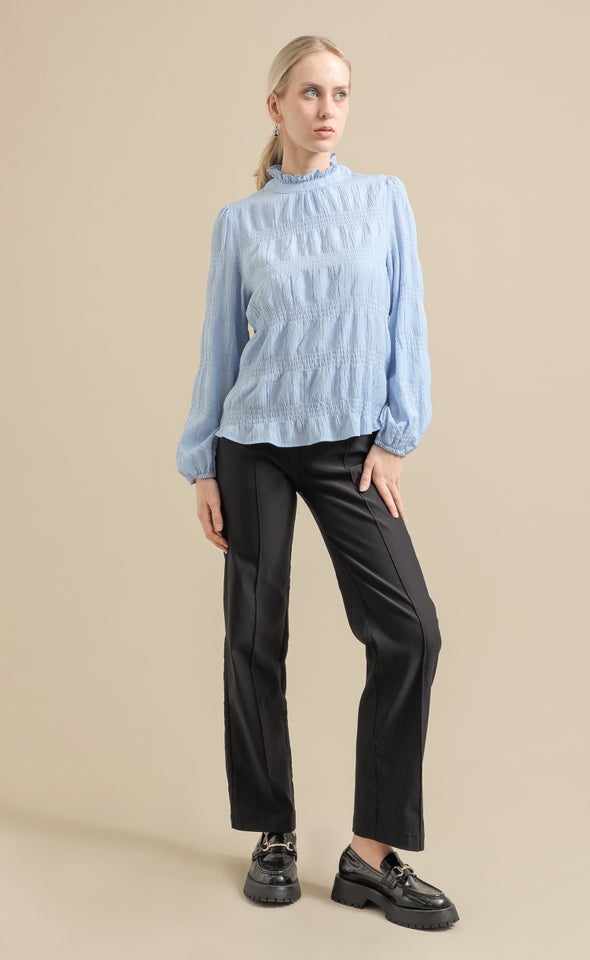 Textured CDC High Neck LS Blouse Light Blue