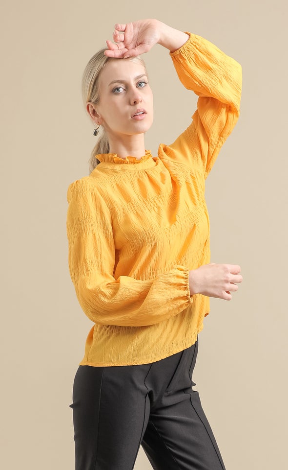 Textured CDC High Neck LS Blouse Mustard