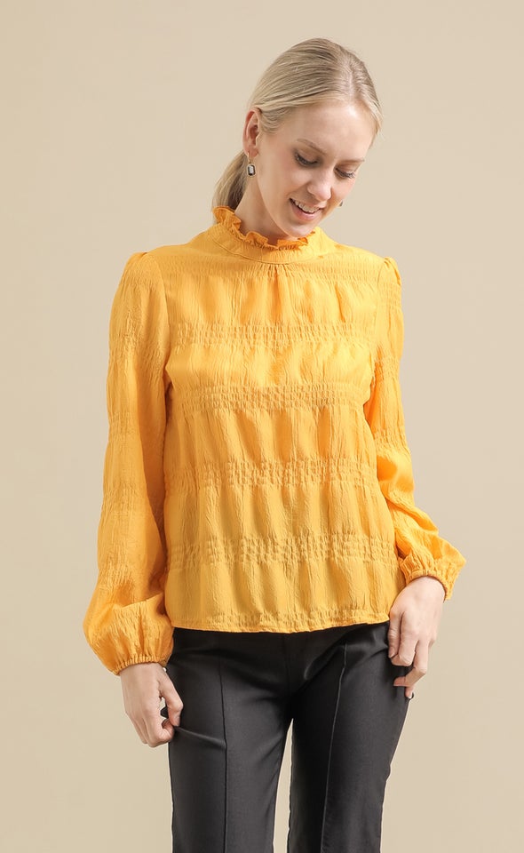 Textured CDC High Neck LS Blouse Mustard