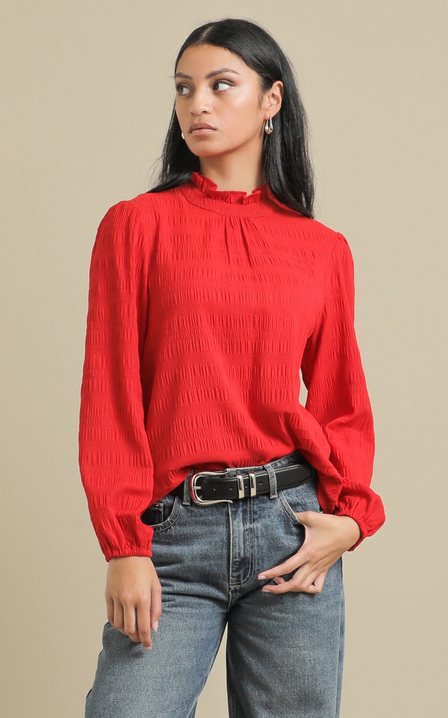 Shop our Textured CDC High Neck Top in Cherry | Pagani