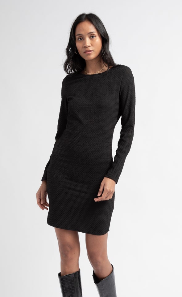 Textured CDC LS Bodycon Dress Black