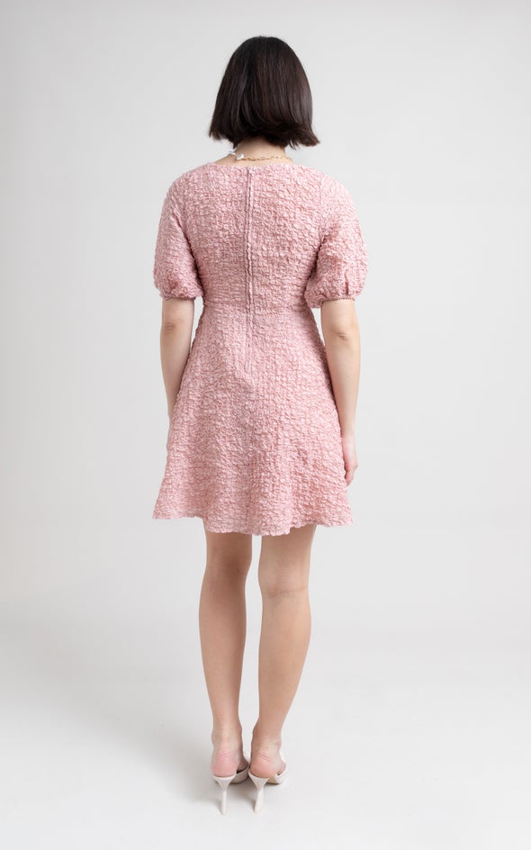 Textured CDC Puff Sleeve Dress Dusky Pink