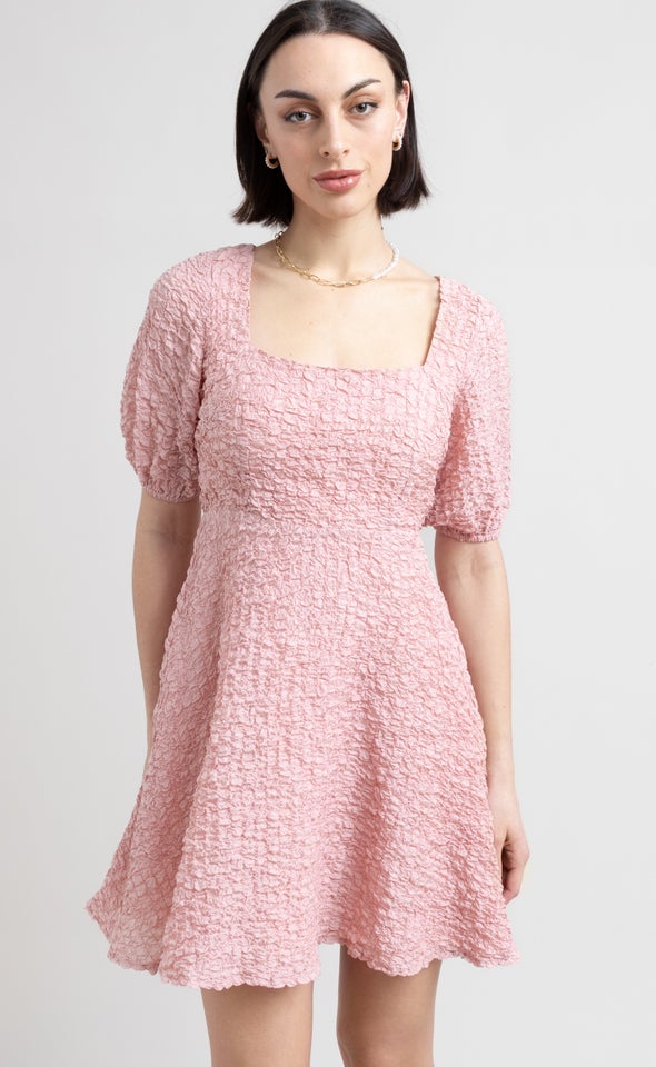 Textured CDC Puff Sleeve Dress Dusky Pink
