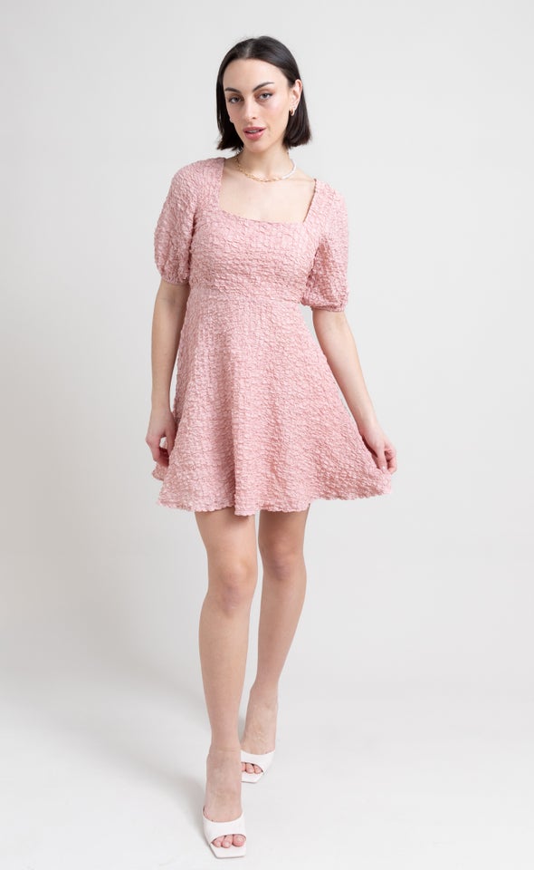 Textured CDC Puff Sleeve Dress Dusky Pink